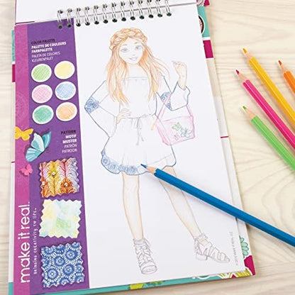 Side angle view of the premium spiral bound Make It Real fashion design kit for kids.