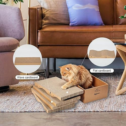 Side angle of the RUBMEOW heavy duty cardboard cat scratcher box showing the higher borders that contain cardboard debris.