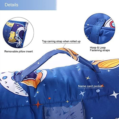 NapCure kids sleeping bag with plush removable pillow partially slid out from the back fabric sleeve