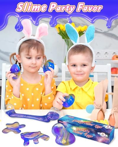Prefilled plastic Easter eggs opened to reveal colorful stretchable sensory slime inside
