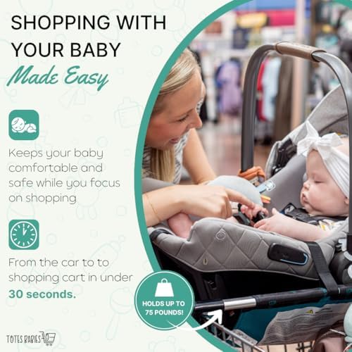 Totes Babies universal car seat holder stretched across a large retail shopping cart demonstrating full grocery basket space.
