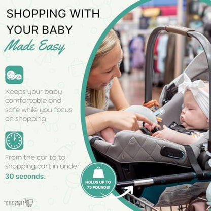 Totes Babies universal car seat holder stretched across a large retail shopping cart demonstrating full grocery basket space.