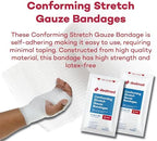 Demonstration of Dealmed four point one yards stretched dressing wrap conforming flexibly around a joint for secure fit.