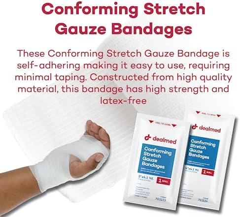 Demonstration of Dealmed four point one yards stretched dressing wrap conforming flexibly around a joint for secure fit.