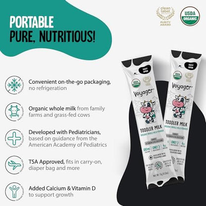 Back label of Voyager organic milk powder detailing the three clean ingredients and nutritional facts