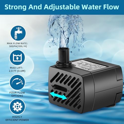 DaToo 50 Gallons Per Hour fountain pump showcasing included flexible tubing and strong suction cups.