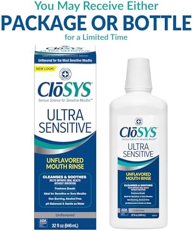 CloSYS ultra sensitive oral rinse 32 Ounce bottle highlighting the dye free formula.