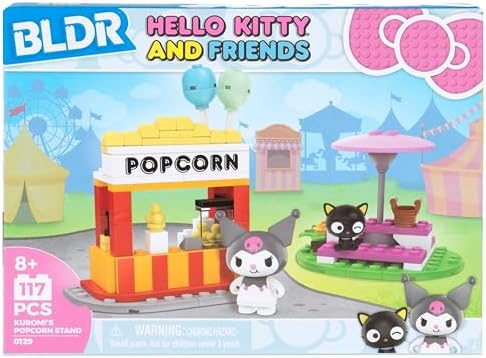Assembled Sanrio popcorn booth with Kuromi and Chococat minifigures
