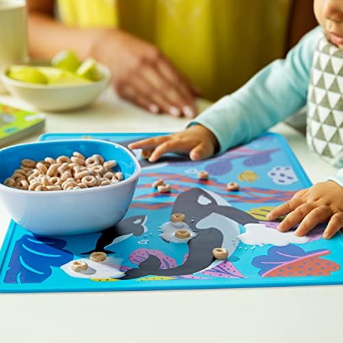 Munchkin WildLove orca placemat showing the detailed raised edge designed to contain food and liquid spills