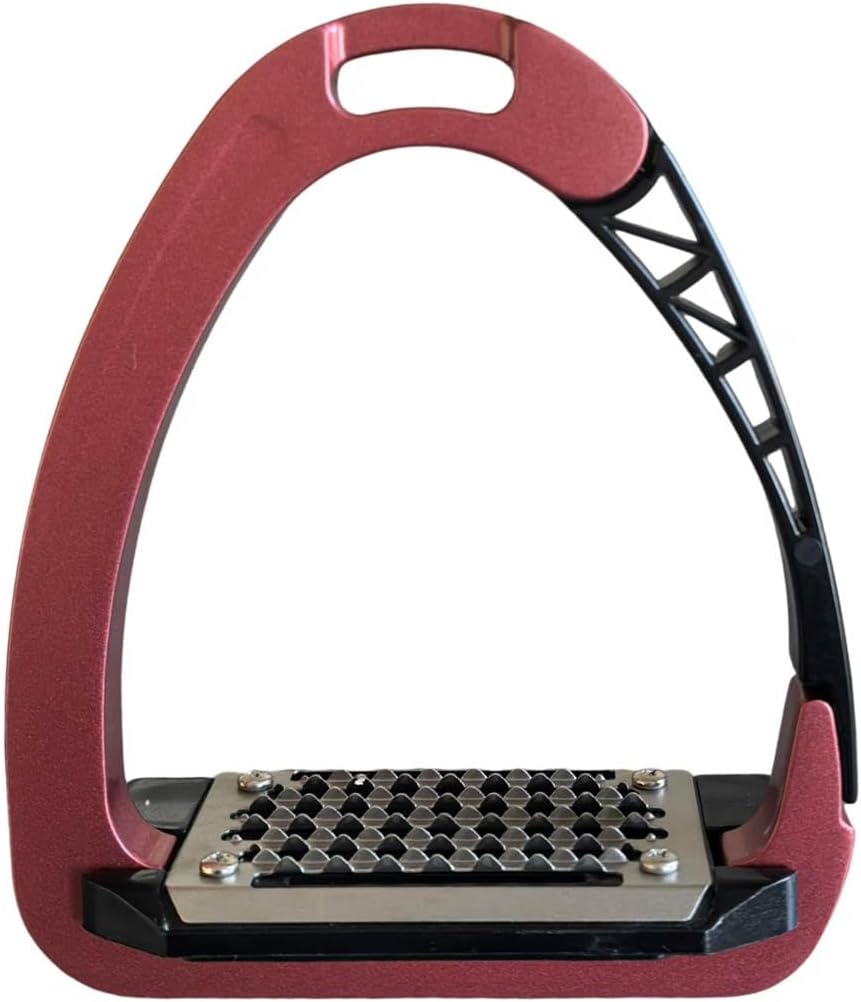 TuffRider Tech Safety Stirrups in red front view showcasing the secure grated metal tread for equestrian riding.