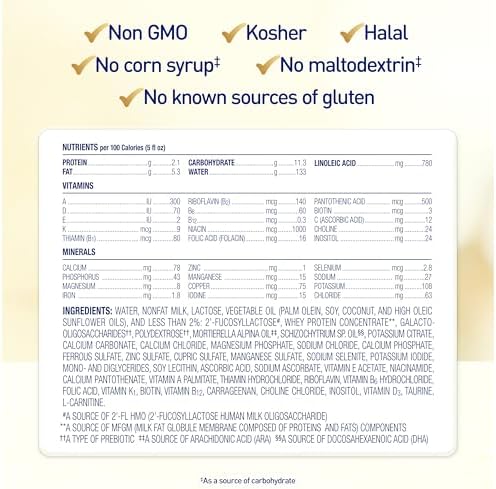 Enfamil liquid baby formula six fluid ounce bottles showing nutrition facts and ingredients