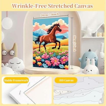 Framed horse canvas placed on a wooden tabletop easel with paintbrushes