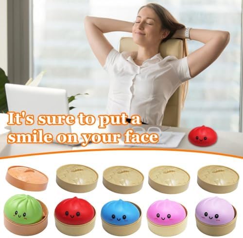 Five different colorful smiling dumpling sensory fidget toys arranged next to their steamer containers.