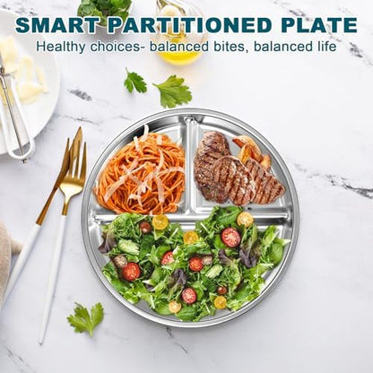 Close up of food grade stainless steel divided lunch plate surface