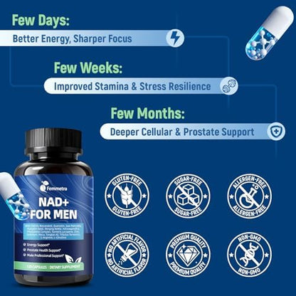 Side view of Femmetra NAD+ prostate and energy support supplement