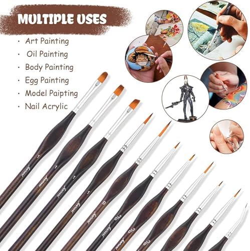 Ergonomic triangular wooden handles of the professional miniature paint brush set demonstrating a non roll design