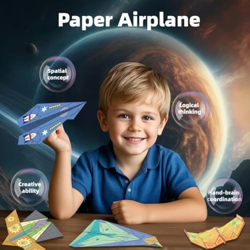 Completed paper airplane models from the beginner glider and advanced dart tiers side by side.