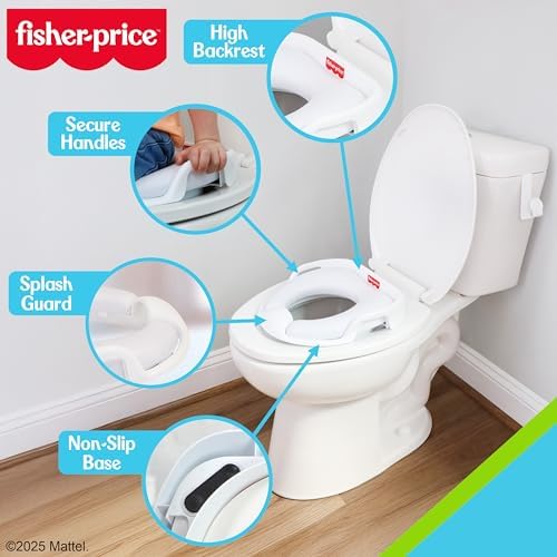 Fisher-Price toddler toilet training ring showcasing secure side handles and high backrest support