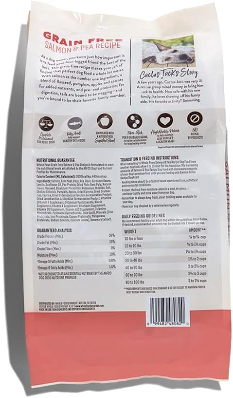 Whole Paws dry dog food bag featuring real salmon and peas formula