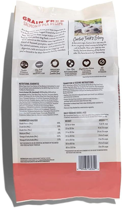 Whole Paws dry dog food bag featuring real salmon and peas formula