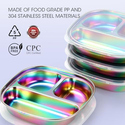 Four piece set of divided stainless steel toddler plates
