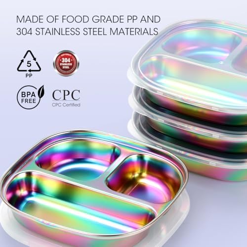 Four piece set of divided stainless steel toddler plates