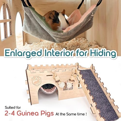 SoulThink(R) Large Guinea Pig Hideout & House - Easy to Assemble Wooden Guinea Pig Castle with Hammock, Ramp and Toys Accessories Habitat Suitable for Hamsters and Chinchilla - Image 5