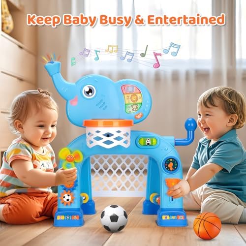 Toddler basketball hoop activity center with inflatable basketball and soccer ball accessories