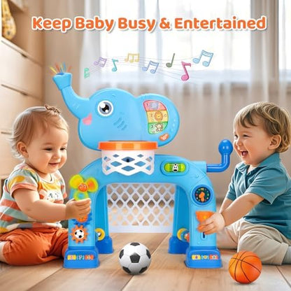 Toddler basketball hoop activity center with inflatable basketball and soccer ball accessories