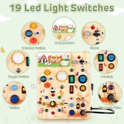 Close up of the ten switches and nineteen light up LED bulbs on the Montessori toy.