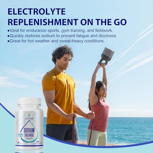 Stior sugar-free salt pills bottle showcasing product count and clean hydration support benefits.