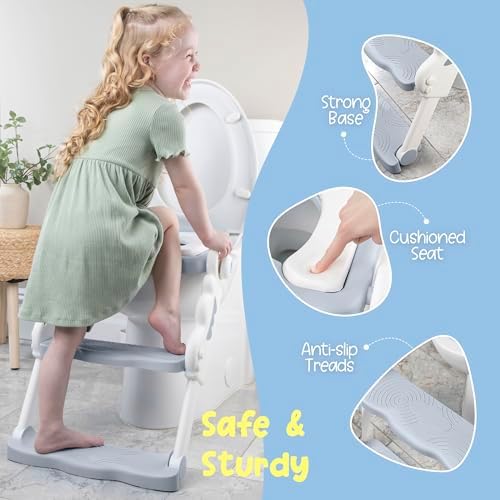 Adjustable height ladder steps with anti-slip texture on a toddler potty chair attachment