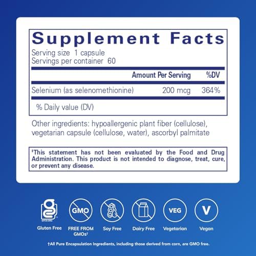 Pure Encapsulations Selenium mineral supplement back panel showing l-selenomethionine ingredient details