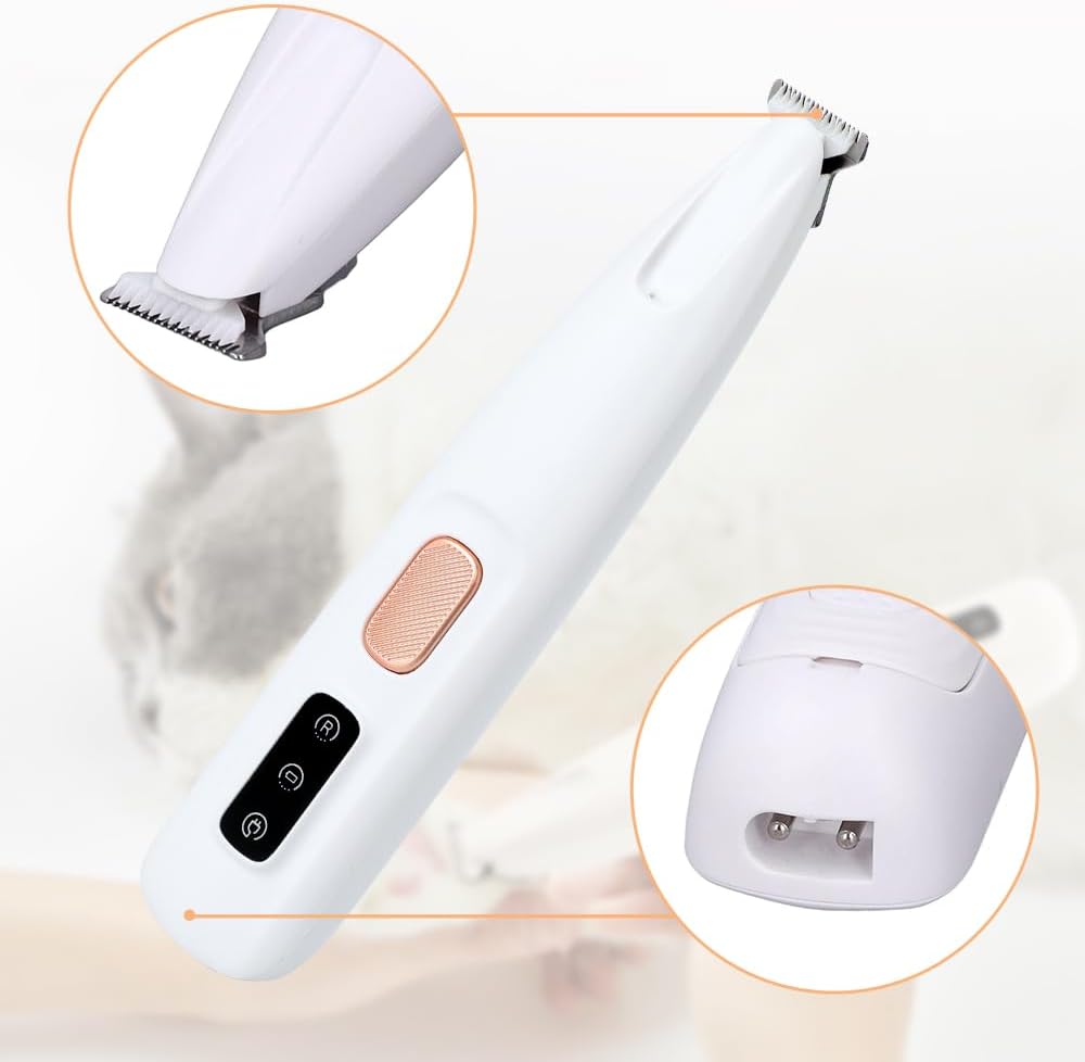 Low noise electric pet trimmer showing the 18mm widened stainless steel blades.