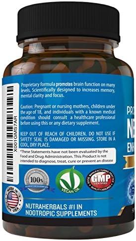 NutraHerbals nootropics supplement bottle label detail highlighting Bacopa Monnieri and DMAE ingredients.