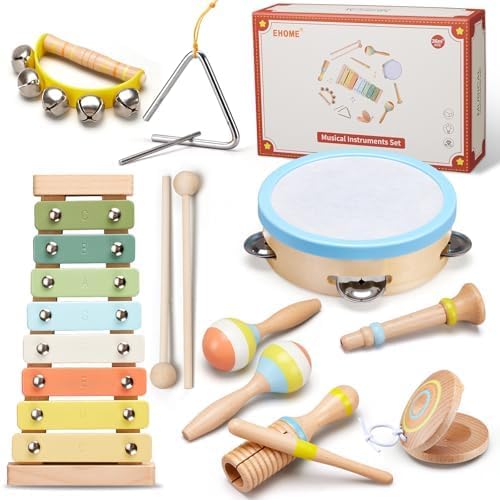 Ehome baby musical instruments set front view showing wooden xylophone and drum