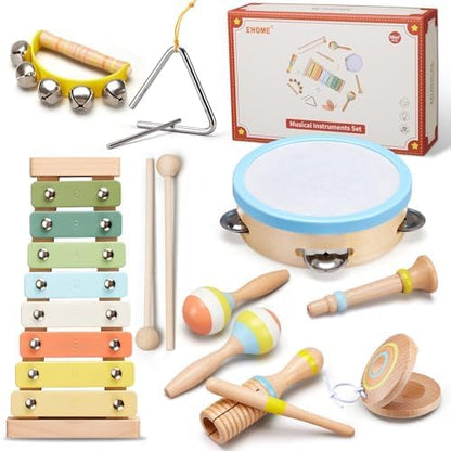 Ehome baby musical instruments set front view showing wooden xylophone and drum