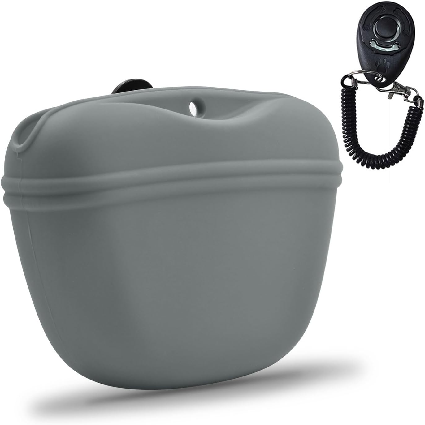 Waterproof dishwasher safe dog treat holder clipped securely onto a waistband