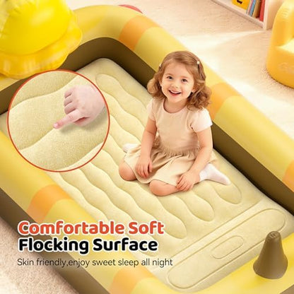 Electric plug in air pump with three nozzles inflating the CoziBB yellow bee theme toddler mattress.