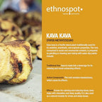 Ethnospot Kava Kava Root Tea nutrition facts and usage warnings printed clearly on the back packaging