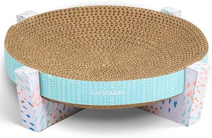 Catstages 2 in 1 corrugated cardboard cat lounge bed highlighting the textured scratching surface and sturdy frame design.