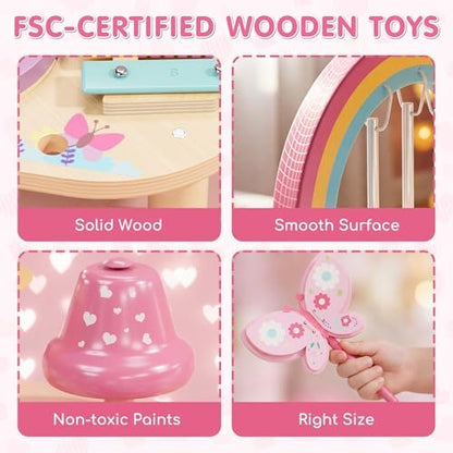 Lehoo Castle premium wooden musical gift set including two smooth drumsticks and colorful hand bell.
