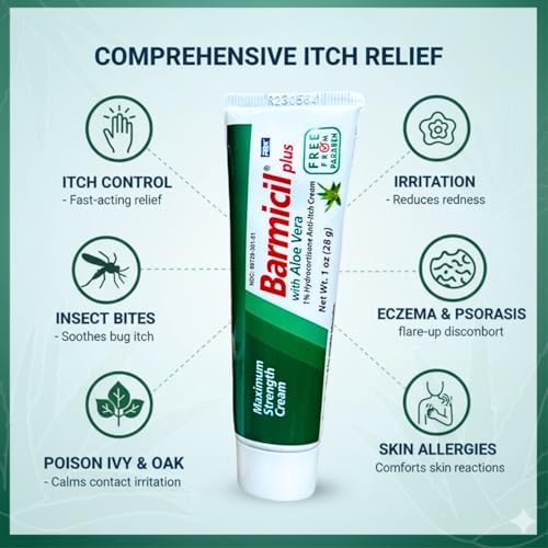 Barmicil anti-itch cream tube with Aloe Vera packaging for skin allergy treatment.