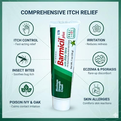 Barmicil anti-itch cream tube with Aloe Vera packaging for skin allergy treatment.