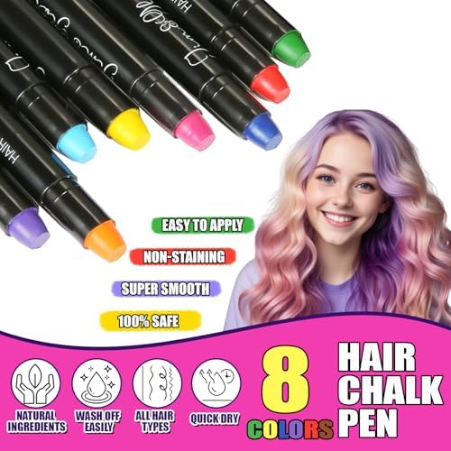 Collection of 8 rainbow color hair chalk pens for kids