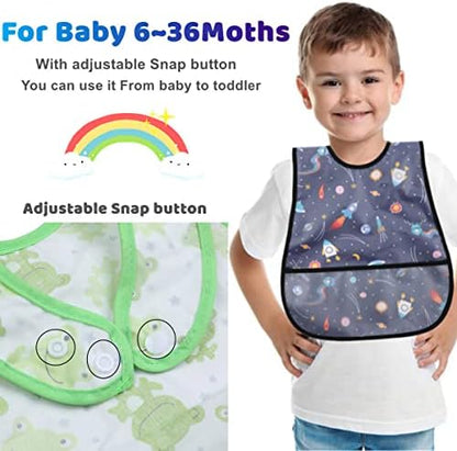 Norinori infant bib close up showing the deep built in crumb catcher pocket open for feeding