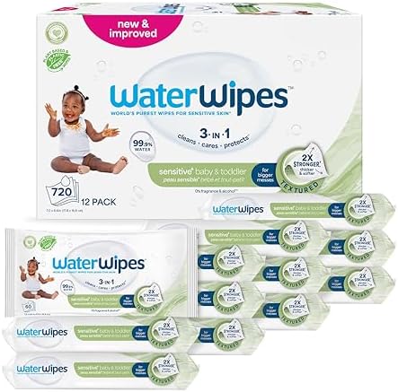 WaterWipes Sensitive+ Baby & Toddler Wipes, 3-In-1 Cleans, Cares, Protects, 99.9% Water, Textured Clean, Unscented & Hypoallergenic, 720 Count (12 Packs) - Image 2
