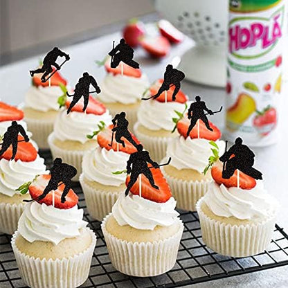 Group shot of various hockey player designs in a cupcake topper set