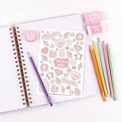 Three Cheers For Girls pink and gold sketch pad close up of highly pigmented colored pencils