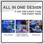 Miofis reef safe food catcher attached to fifteen millimeter thick glass panel.